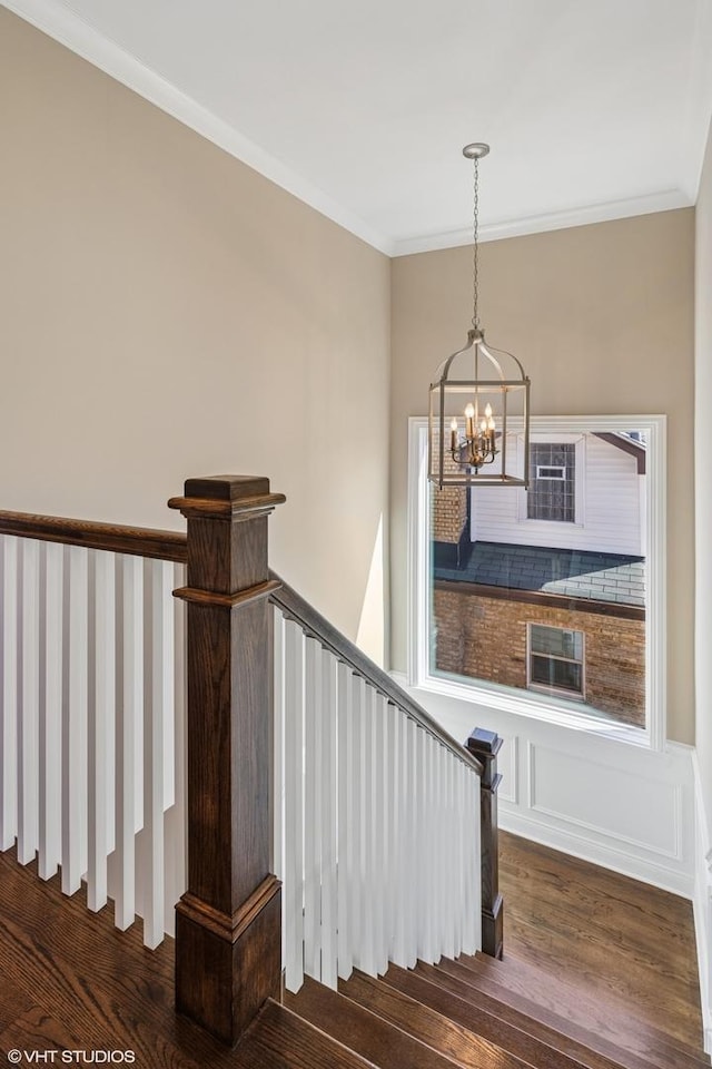 stairway with a notable chandelier, wood finished floors, and crown molding