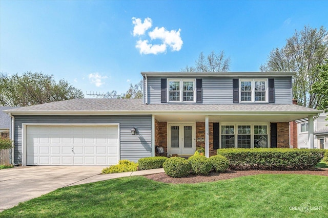 1221 Evergreen Ave, Naperville, IL 60540 - traditional home with an attached garage, a front lawn, brick siding, concrete driveway, and covered porch