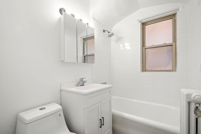 full bath with toilet, shower / bathtub combination, and vanity