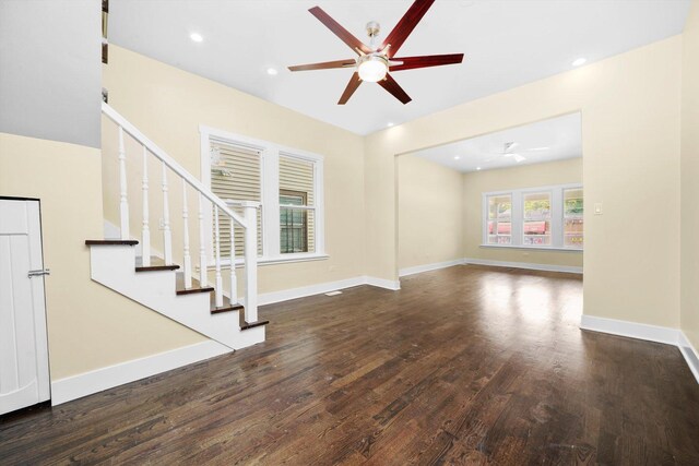 10617 S Wentworth Ave, Chicago, IL 60628 - unfurnished living room with ceiling fan, wood finished floors, stairway, and recessed lighting