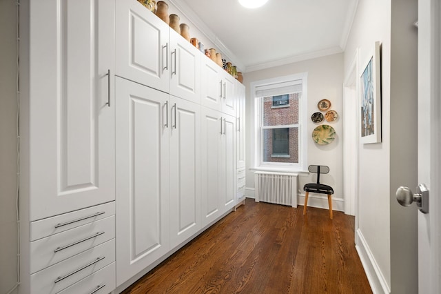 mudroom with radiator heating unit, baseboards, crown molding, and dark wood-type flooring