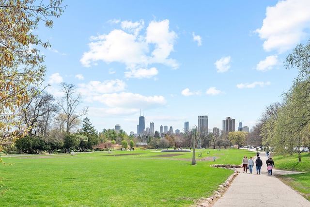 view of home's community featuring a view of city and a lawn