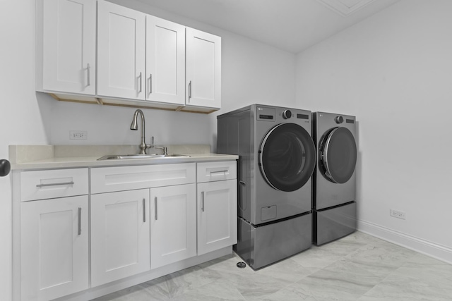 7213 Daybreak Ln, Long Grove, IL 60060 - laundry room featuring washer and dryer, cabinet space, light marble finish floors, and baseboards