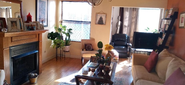 7308 S Yates Blvd Unit 1, Chicago, IL 60649 - living room with wood-type flooring, baseboards, and a fireplace
