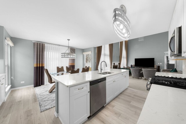 kitchen with a sink, a kitchen island with sink, stainless steel appliances, light countertops, and white cabinets