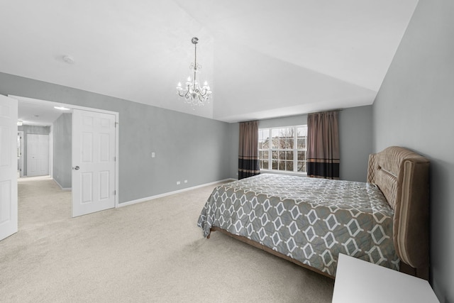 bedroom with a chandelier, carpet, lofted ceiling, and baseboards