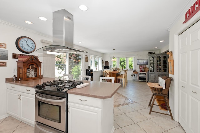 9201 175th St, Tinley Park, IL 60487 - kitchen featuring stainless steel gas range oven, island exhaust hood, light tile patterned flooring, white cabinetry, and recessed lighting