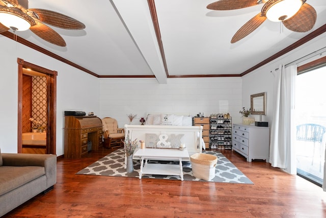 9201 175th St, Tinley Park, IL 60487 - bedroom with wood finished floors, access to exterior, a ceiling fan, crown molding, and beamed ceiling