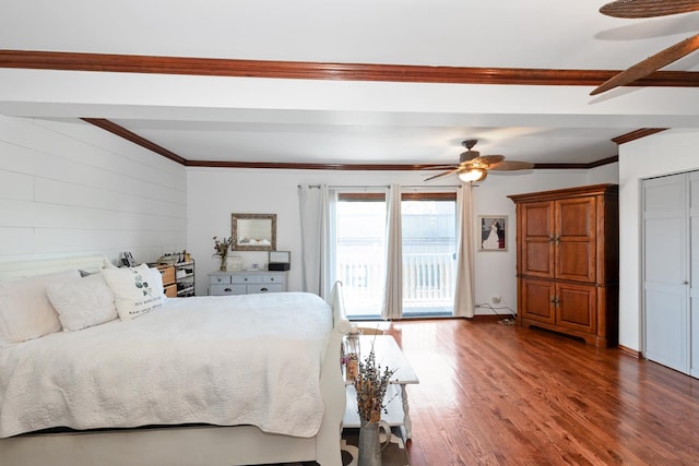 9201 175th St, Tinley Park, IL 60487 - bedroom with ornamental molding, wood finished floors, access to outside, and a ceiling fan