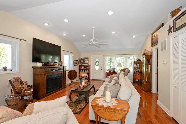 9201 175th St, Tinley Park, IL 60487 - living area featuring lofted ceiling, wood finished floors, a fireplace, a ceiling fan, and recessed lighting