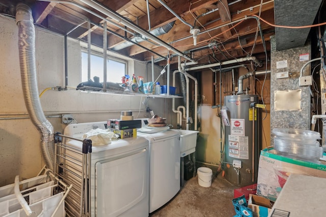 basement with water heater and washer and clothes dryer