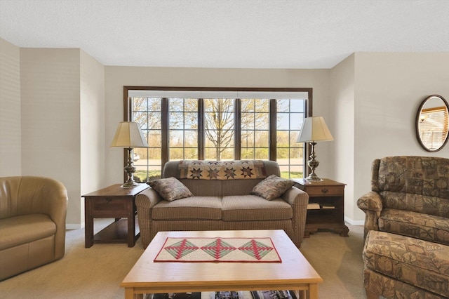 carpeted living area featuring a textured ceiling and baseboards