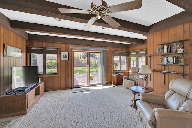 living room with wood walls, light colored carpet, and a healthy amount of sunlight