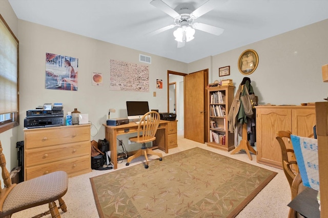 home office with visible vents and a ceiling fan