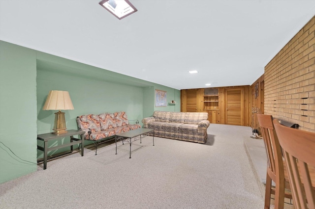 living room with recessed lighting and carpet