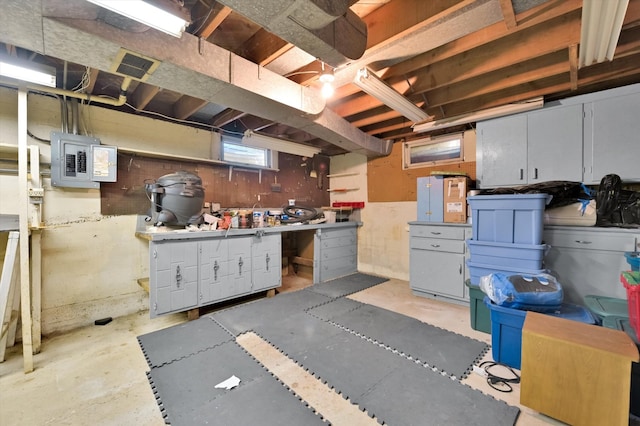 below grade area with a workshop area and electric panel