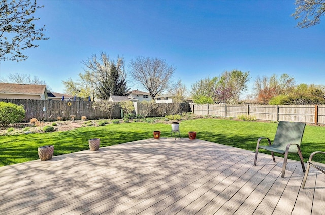 wooden terrace featuring a yard and a fenced backyard