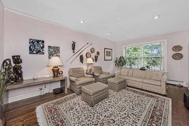 living area with a baseboard radiator, wood finished floors, ornamental molding, and recessed lighting