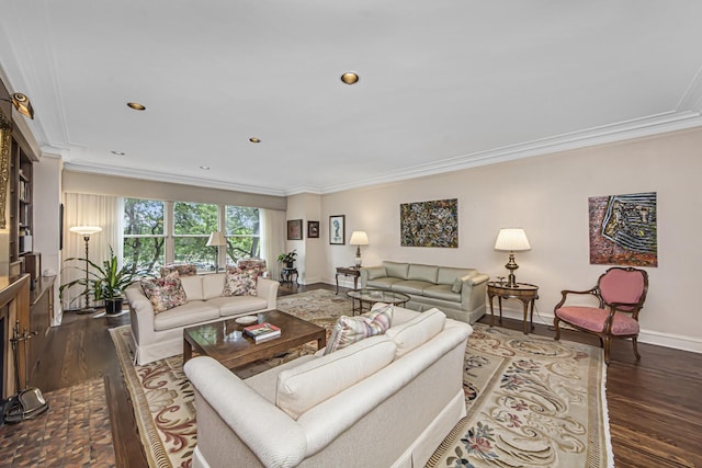 living room with dark wood finished floors, baseboards, ornamental molding, and recessed lighting