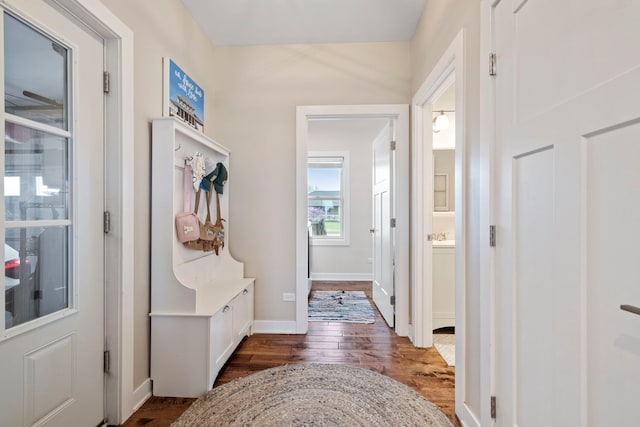 mudroom featuring baseboards and dark wood-style floors