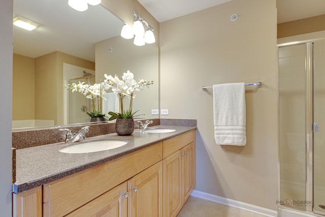 1123 E Port Clinton Rd, Vernon Hills, IL 60061 - full bath featuring double vanity, a stall shower, tile patterned flooring, and baseboards