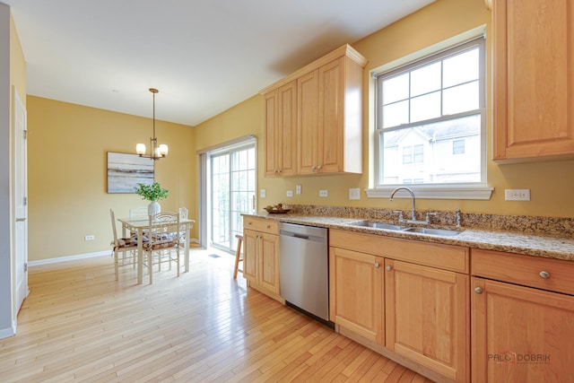 1123 E Port Clinton Rd, Vernon Hills, IL 60061 - kitchen featuring stainless steel dishwasher, a sink, light wood finished floors, a chandelier, and light stone countertops