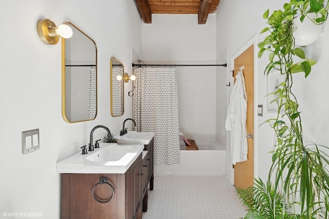 full bathroom with beam ceiling, wooden ceiling, double vanity, shower / bathtub combination with curtain, and tile patterned floors