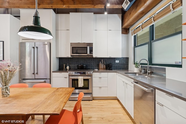 kitchen with stainless steel appliances, a sink, light wood finished floors, white cabinetry, and tasteful backsplash