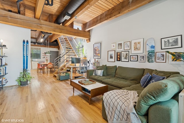 living room with stairs, wooden ceiling, beam ceiling, wood finished floors, and plenty of natural light
