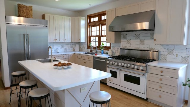 2346 W Longhollow Rd, Elizabeth, IL 61028 - kitchen featuring ventilation hood, high quality appliances, a breakfast bar area, and decorative backsplash