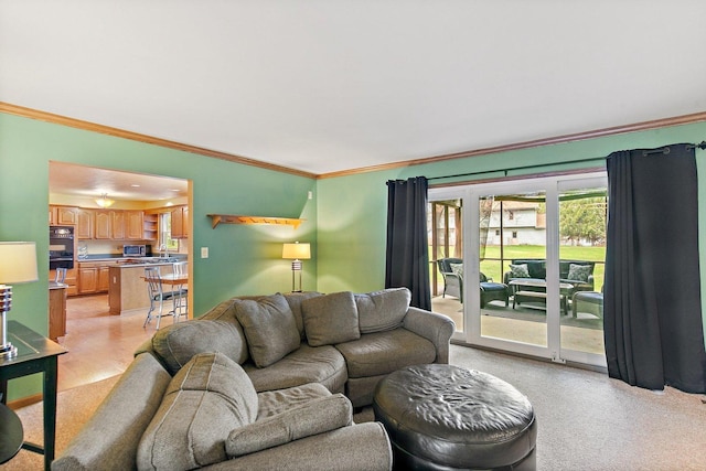 living room with crown molding