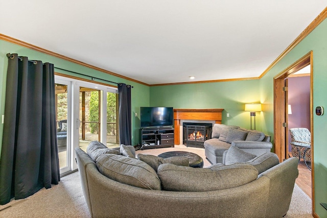 carpeted living room featuring ornamental molding and a fireplace with flush hearth