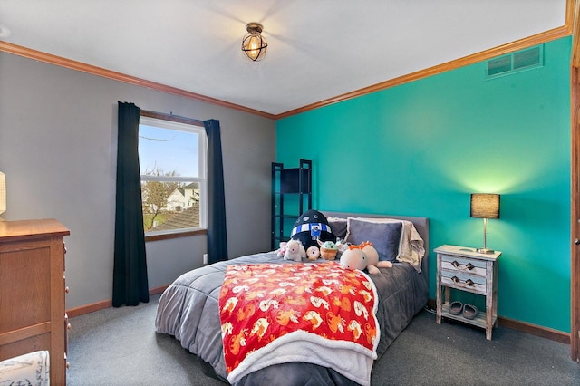 bedroom featuring crown molding, carpet flooring, baseboards, and visible vents