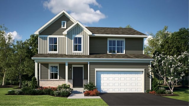 view of front of house featuring a porch, a front yard, a garage, board and batten siding, and aphalt driveway