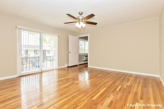 unfurnished room featuring light wood-type flooring, a ceiling fan, baseboards, and a baseboard radiator