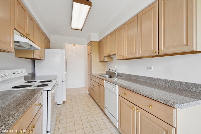 1250 Rudolph Rd Unit 5B, Northbrook, IL 60062 - kitchen with white appliances, under cabinet range hood, a sink, light brown cabinets, and light tile patterned floors