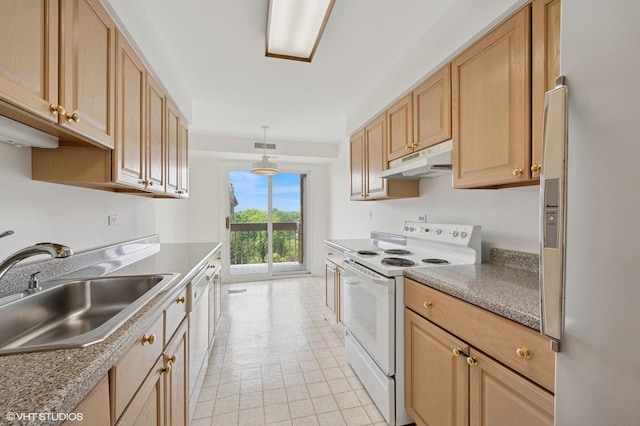 1250 Rudolph Rd Unit 5B, Northbrook, IL 60062 - kitchen featuring white electric range, under cabinet range hood, a sink, stainless steel fridge with ice dispenser, and light brown cabinets