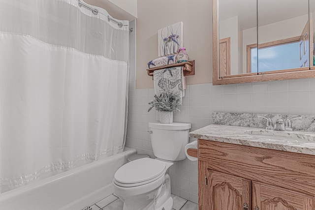 39935 N Prairie View Dr, Wadsworth, IL 60083 - bathroom featuring tile walls, toilet, vanity, shower / bathtub combination with curtain, and tile patterned flooring