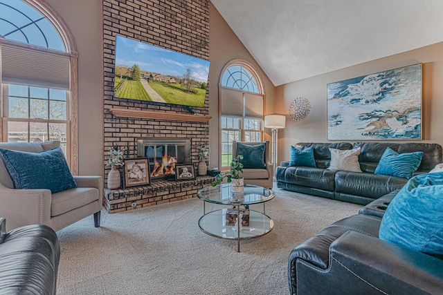 39935 N Prairie View Dr, Wadsworth, IL 60083 - living area featuring carpet, high vaulted ceiling, and a fireplace
