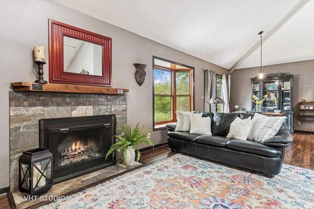 62 Foxhurst Ln, Newark, IL 60541 - living area featuring wood finished floors, lofted ceiling, and a fireplace with flush hearth