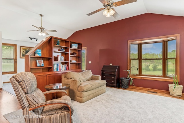 62 Foxhurst Ln, Newark, IL 60541 - sitting room featuring ceiling fan, lofted ceiling, and wood finished floors