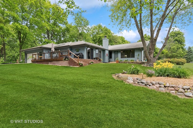 62 Foxhurst Ln, Newark, IL 60541 - back of house featuring a lawn, a chimney, stairway, and a deck