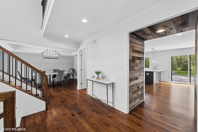 16 W Birchwood Ave, Hinsdale, IL 60521 - hallway featuring wood finished floors, a chandelier, recessed lighting, and stairs