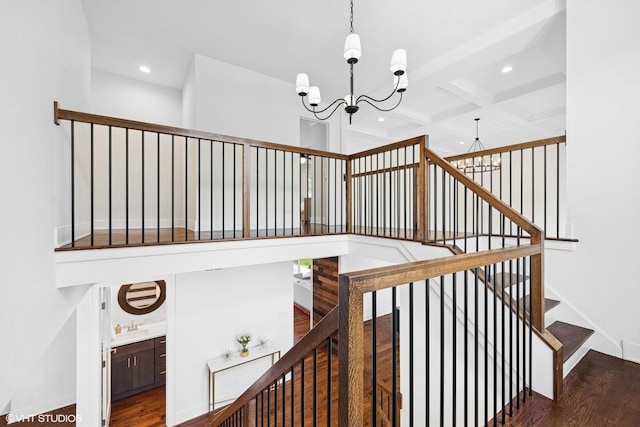 16 W Birchwood Ave, Hinsdale, IL 60521 - staircase featuring a chandelier, wood finished floors, recessed lighting, coffered ceiling, and beam ceiling