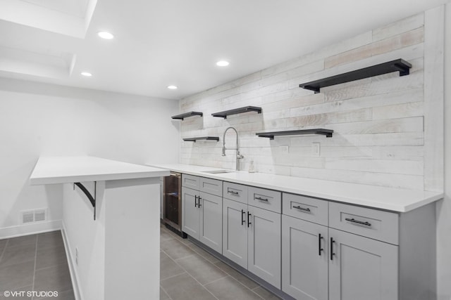 16 W Birchwood Ave, Hinsdale, IL 60521 - kitchen featuring open shelves, a sink, backsplash, recessed lighting, and beverage cooler