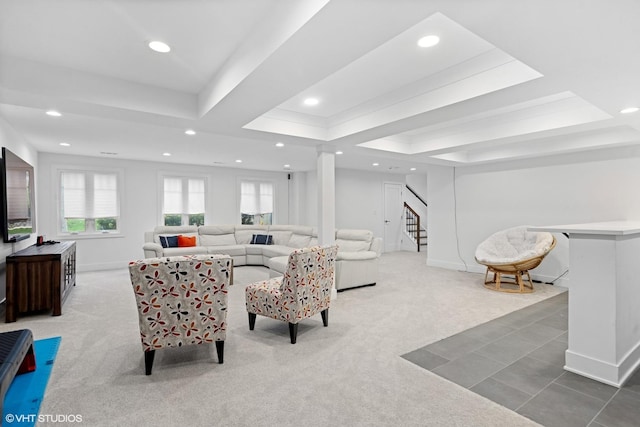 16 W Birchwood Ave, Hinsdale, IL 60521 - living room with carpet, stairs, recessed lighting, a raised ceiling, and baseboards