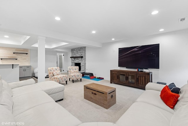 16 W Birchwood Ave, Hinsdale, IL 60521 - living area with recessed lighting, light carpet, a wall mounted AC, and a stone fireplace