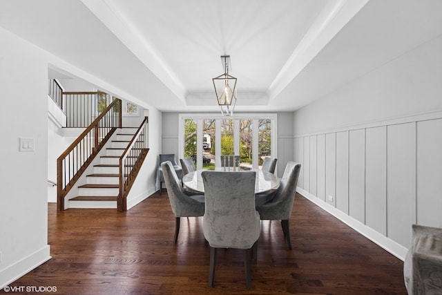 16 W Birchwood Ave, Hinsdale, IL 60521 - dining room with a tray ceiling, stairway, dark wood-style floors, and baseboards
