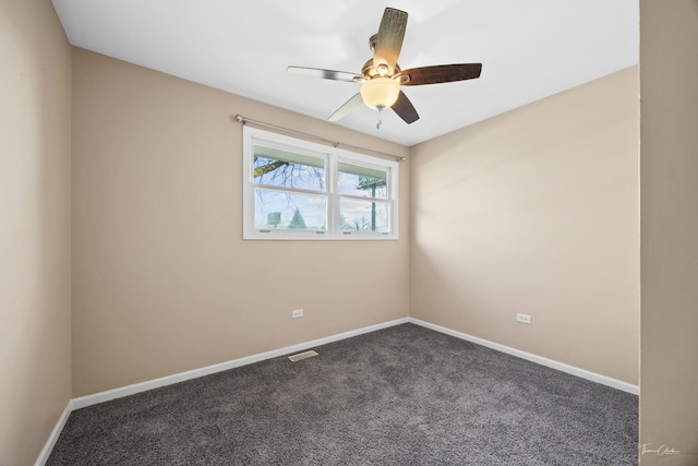 unfurnished room featuring a ceiling fan, visible vents, carpet floors, and baseboards