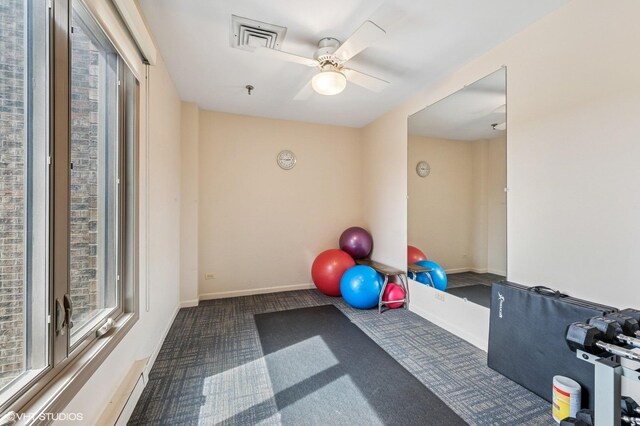 1220 Rudolph Rd Unit 5F, Northbrook, IL 60062 - exercise room featuring carpet flooring, ceiling fan, and baseboards